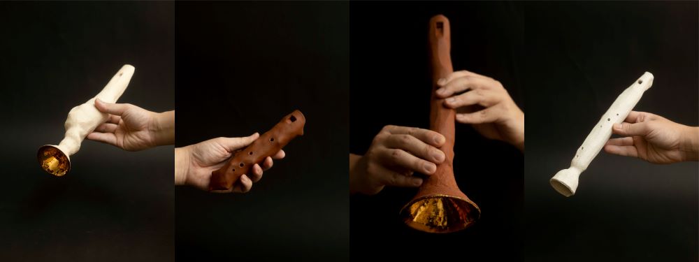 The Flute series: German white clay, French red clay, cotton, plant fibers, gold.