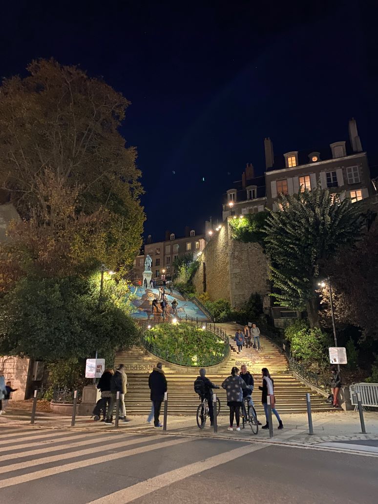 Downtown open stairs at Blois - the graphics are renewed annually.